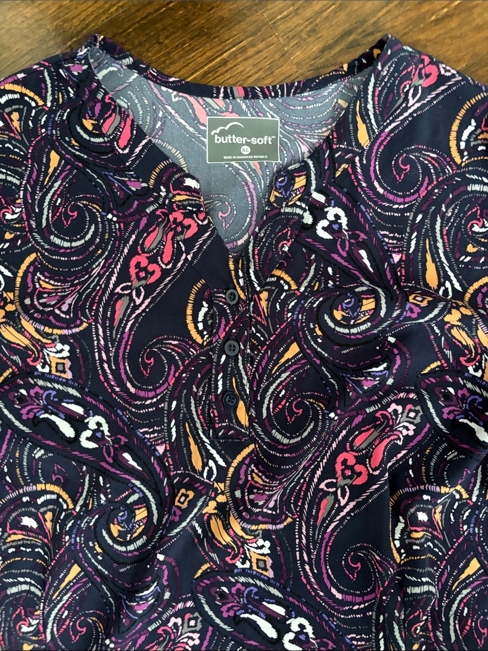 Butter-soft Scrubs Women's Navy Paisley Blouse in Pink and Purple